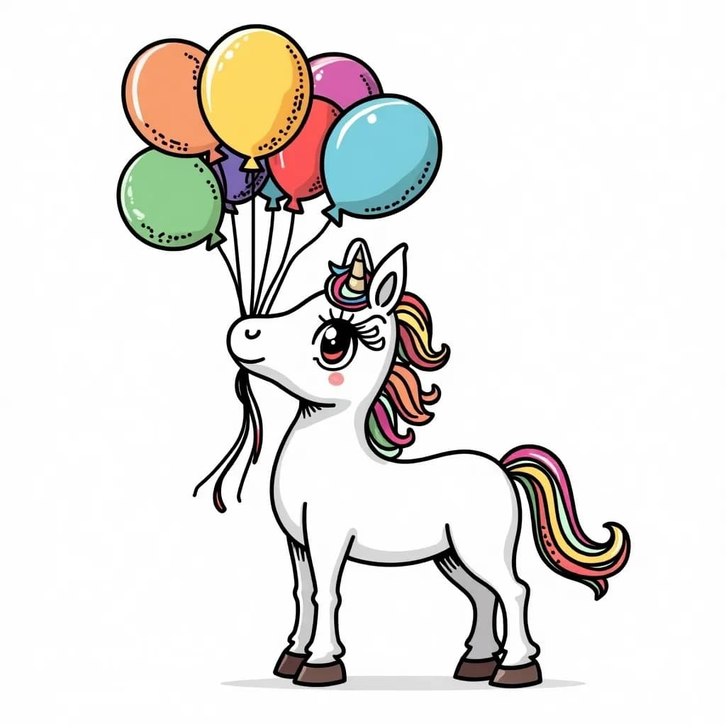 Coloring Page (colored): Unicorn and Colorful Balloons - A unicorn holding a bunch of vibrant balloons with its mouth, standing against a clear blue sky.