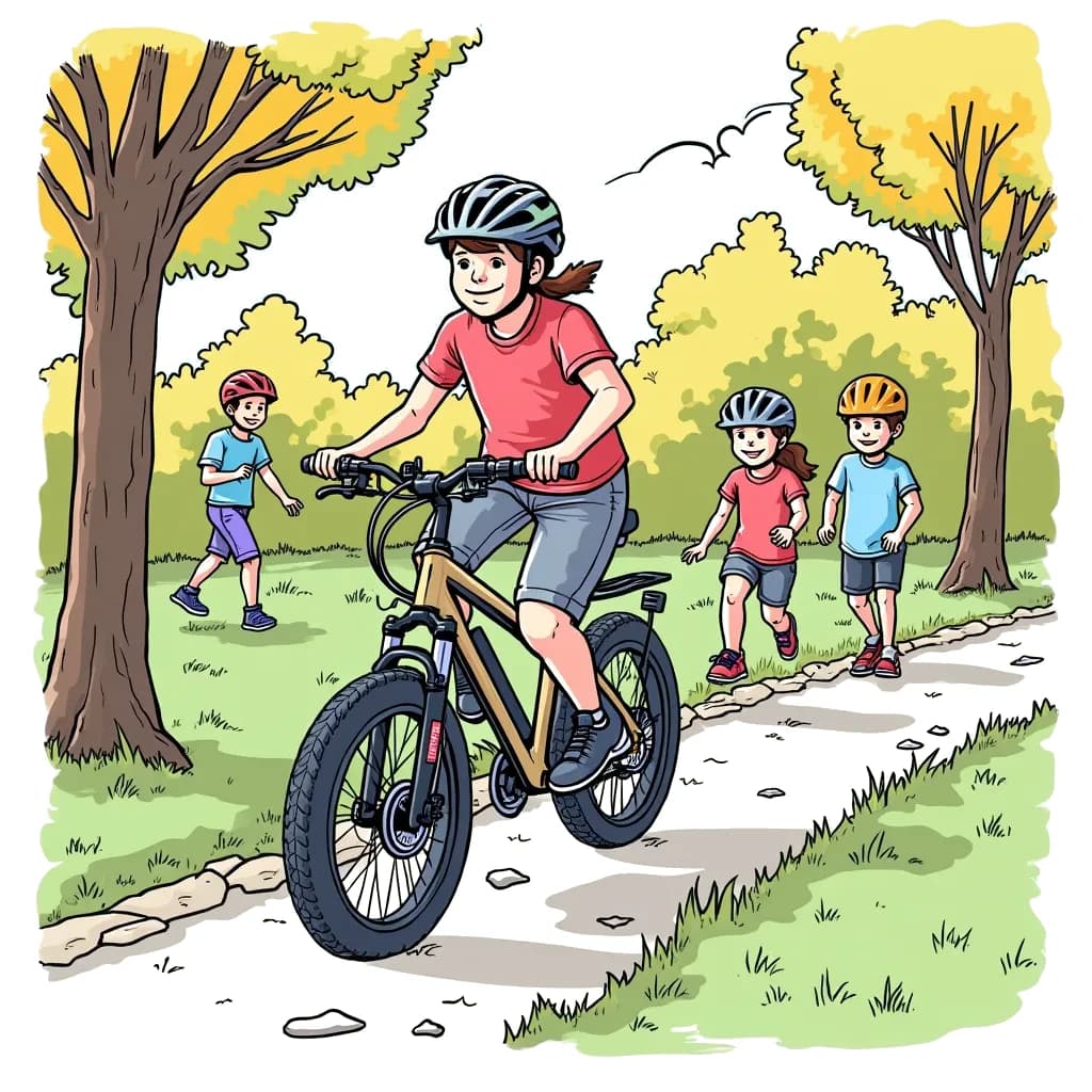 Coloring Page (colored): Electric Bike Ride - An electric bike riding through a park, with trees lining the path and children playing on the grass.