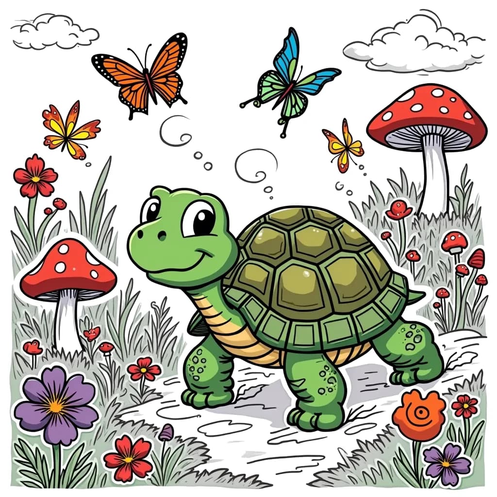 Coloring Page (colored): Tortoise Garden Race - A smiling tortoise is participating in a race against a group of cheerful butterflies in a vibrant garden filled with flowers and mushrooms. The tortoise looks determined while the butterflies flutter around it, making the race a fun and lively event.