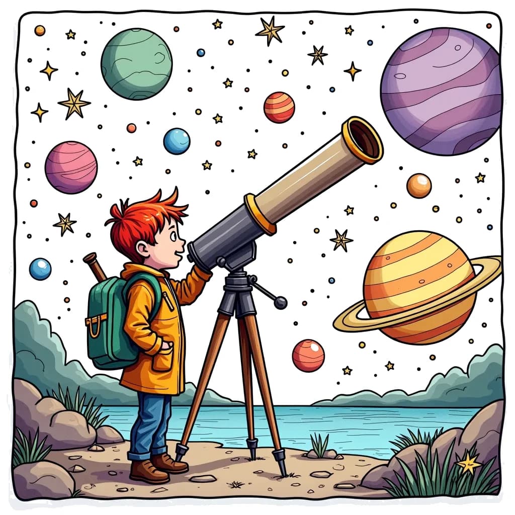 Coloring Page (colored): The Astronomer's Stargazing - An astronomer is looking through a telescope at a starry sky, with planets and constellations drawn around them, showcasing the wonders of the universe.