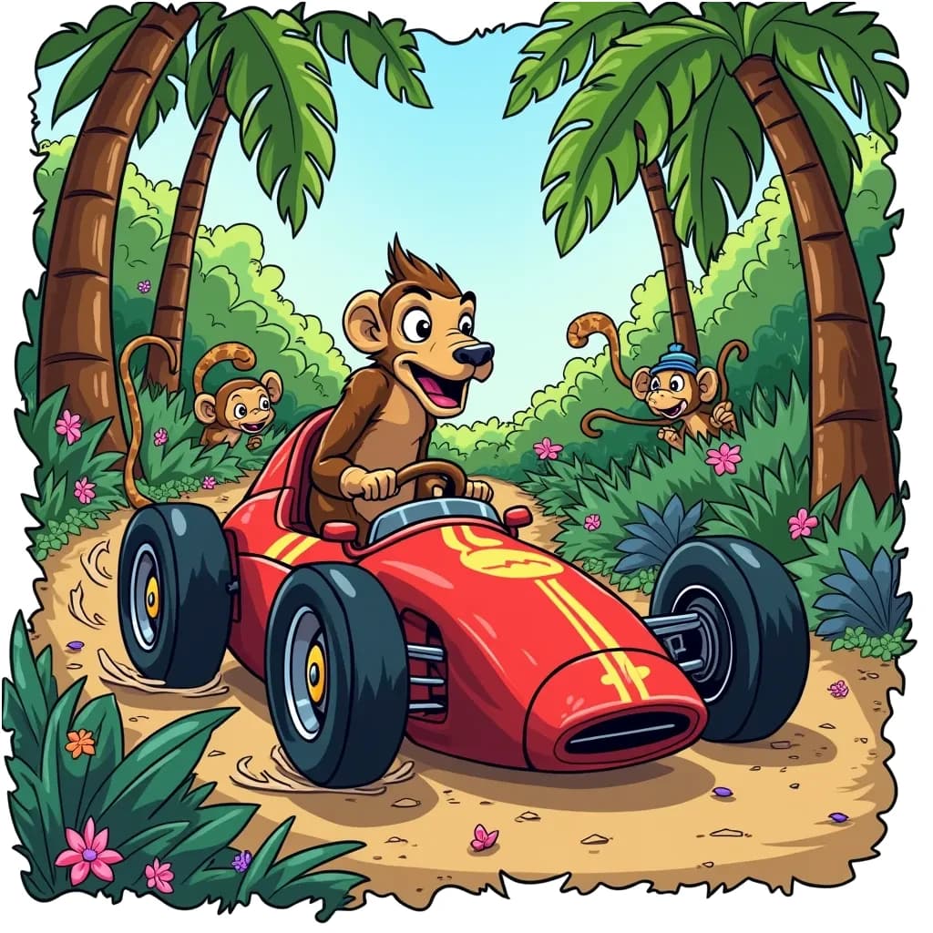 Coloring Page (colored): The Great Jungle Race - A colorful race between a Race Car and a Mongoose who’s really good at running. They are racing through a vibrant jungle filled with tall trees, flowers, and playful monkeys cheering them on. The Mongoose is close to winning, leaving the Race Car revving in excitement!