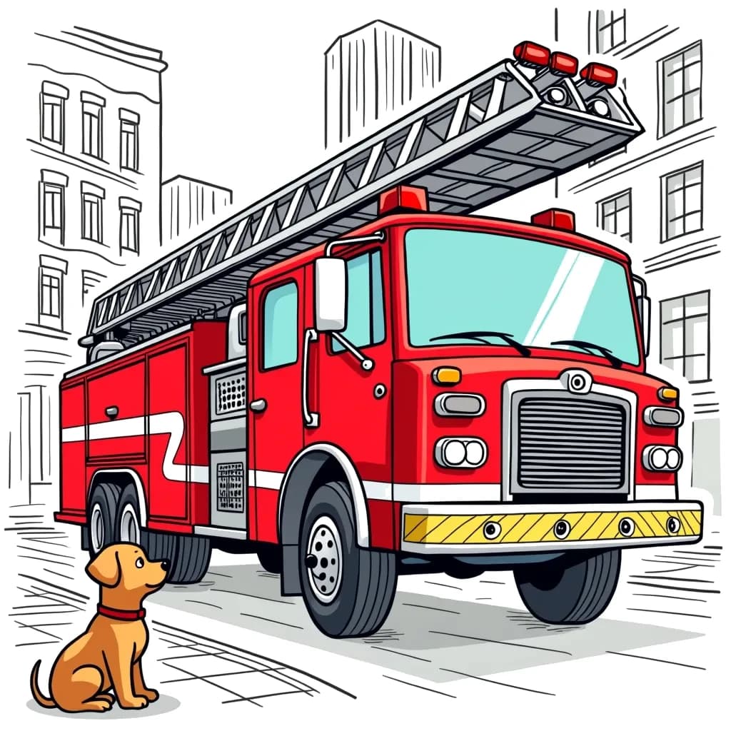 Coloring Page (colored): Fire Engine to the Rescue - A bright red fire engine speeding through the streets with flashing lights, ready to save the day as a cute puppy watches in awe.