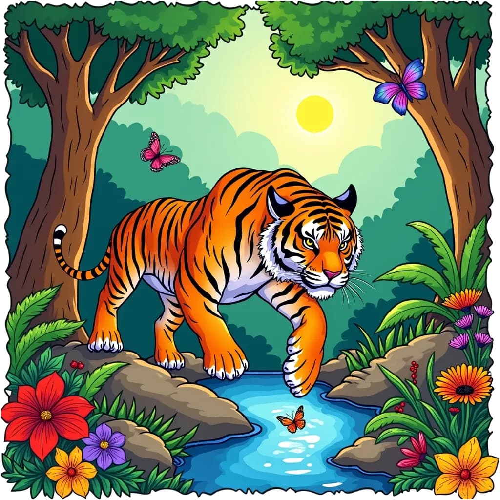 Coloring Page (colored): The Tiger's Jungle Adventure - A majestic tiger prowling through a lush jungle, with vibrant flowers and towering trees around. The tiger is leaping over a small stream, with butterflies fluttering nearby and the sun shining through the canopy.