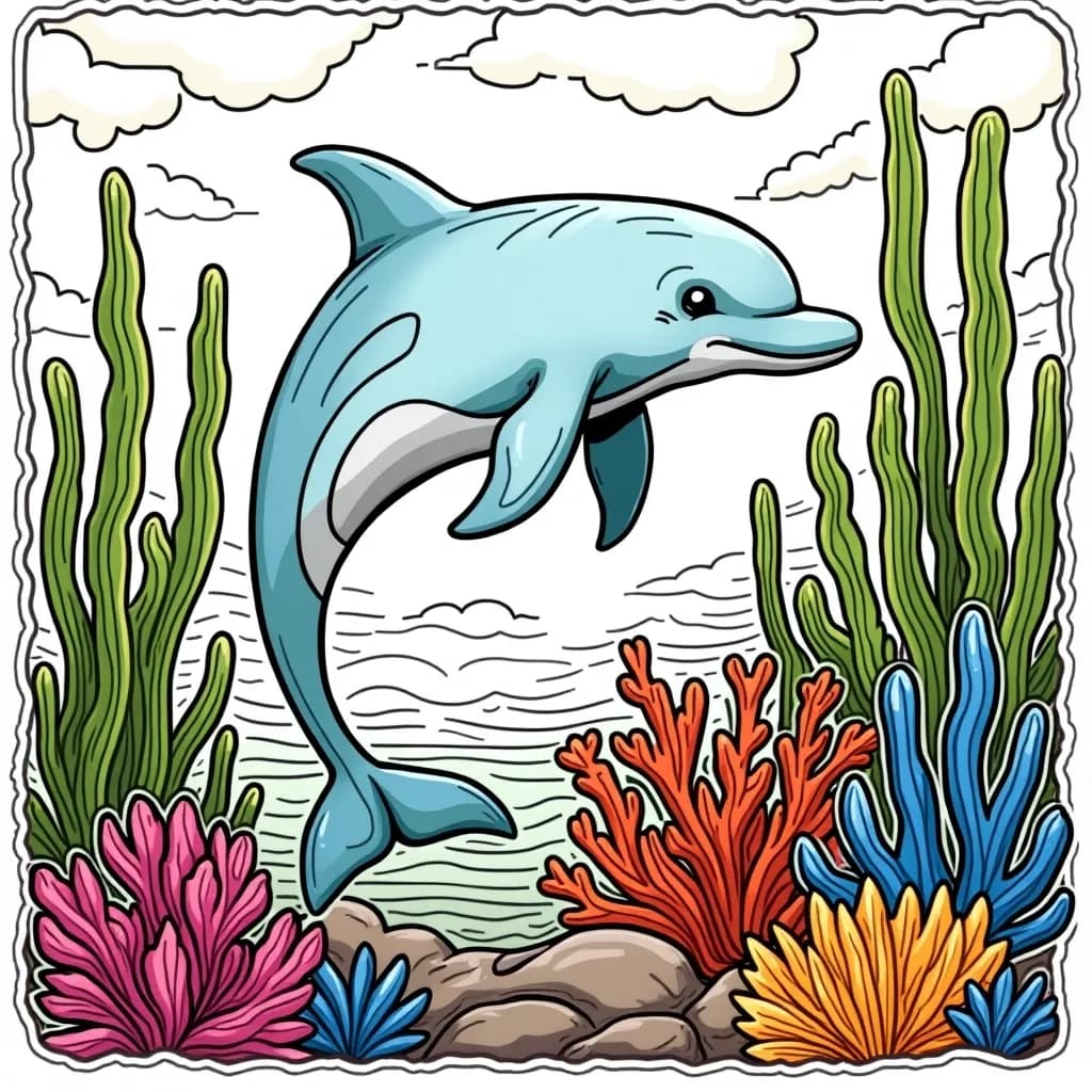 Coloring Page (colored): Dolphin in a Coral Garden - A dolphin exploring a colorful coral garden, surrounded by neon fish and swaying seaweed, illuminated by sunlight filtering through the ocean's surface.