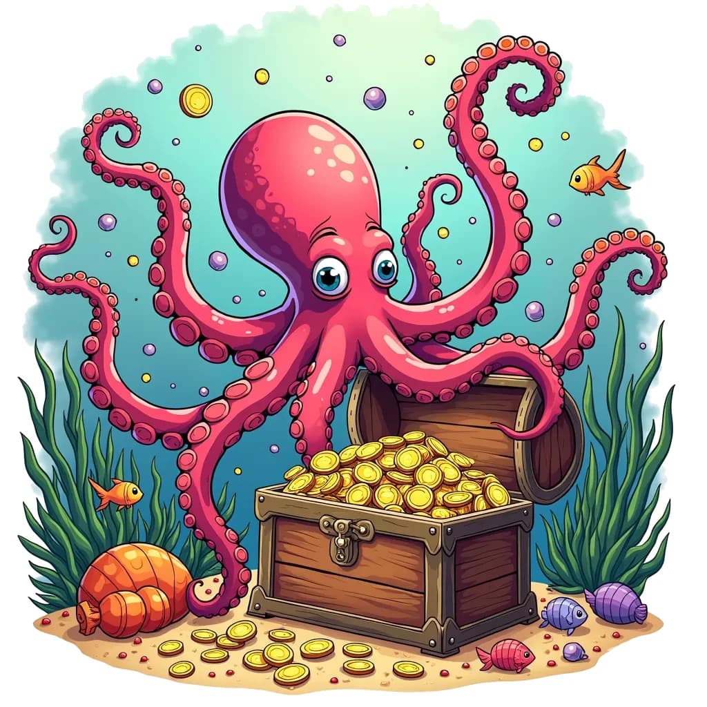 Coloring Page (colored): Octopus Garden - An octopus is playfully waving its tentacles around a sunken treasure chest filled with gold coins. The shimmering treasure is surrounded by small fish swimming curiously nearby.