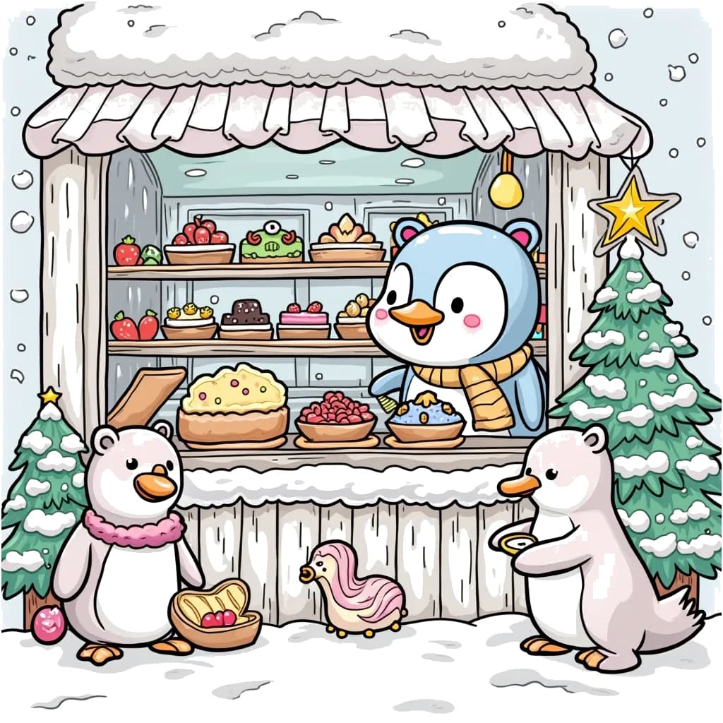 Coloring Page (colored): Penguin Bakery Day - A cute penguin runs a cozy bakery in the snow, creating delicious treats for friends. Customers like fluffy bears and playful seals wait in line, ready to taste the goodies.