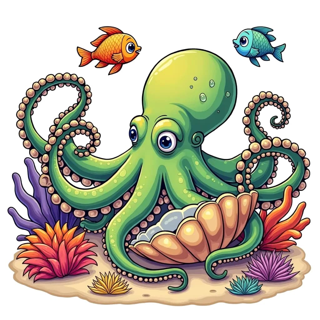 Coloring Page (colored): Octopus and the Shell - An inquisitive octopus examines a large seashell, while small fish gather around to see what it has found.