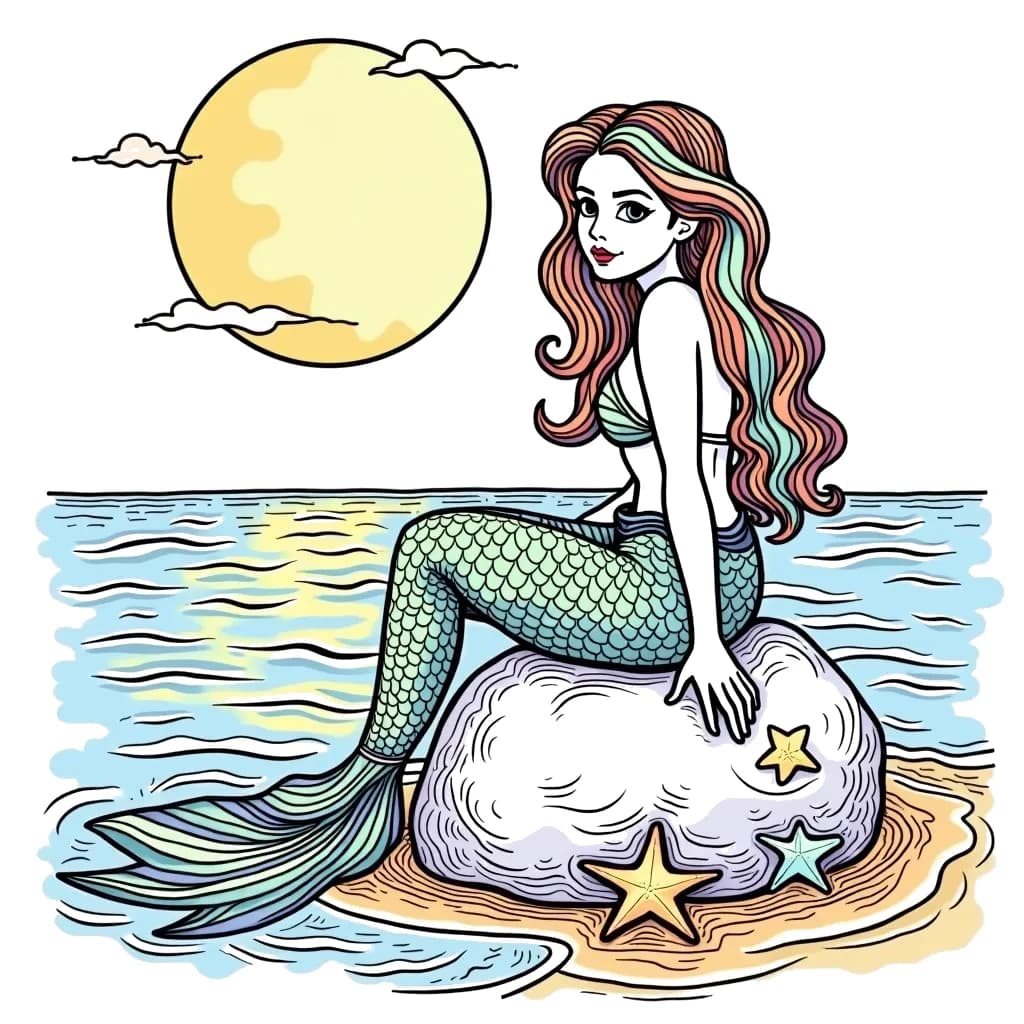 Coloring Page (colored): Mermaid and the Moonlight - A serene mermaid sitting on a rock under a full moon, with gentle waves lapping around her and a few starfish nearby.