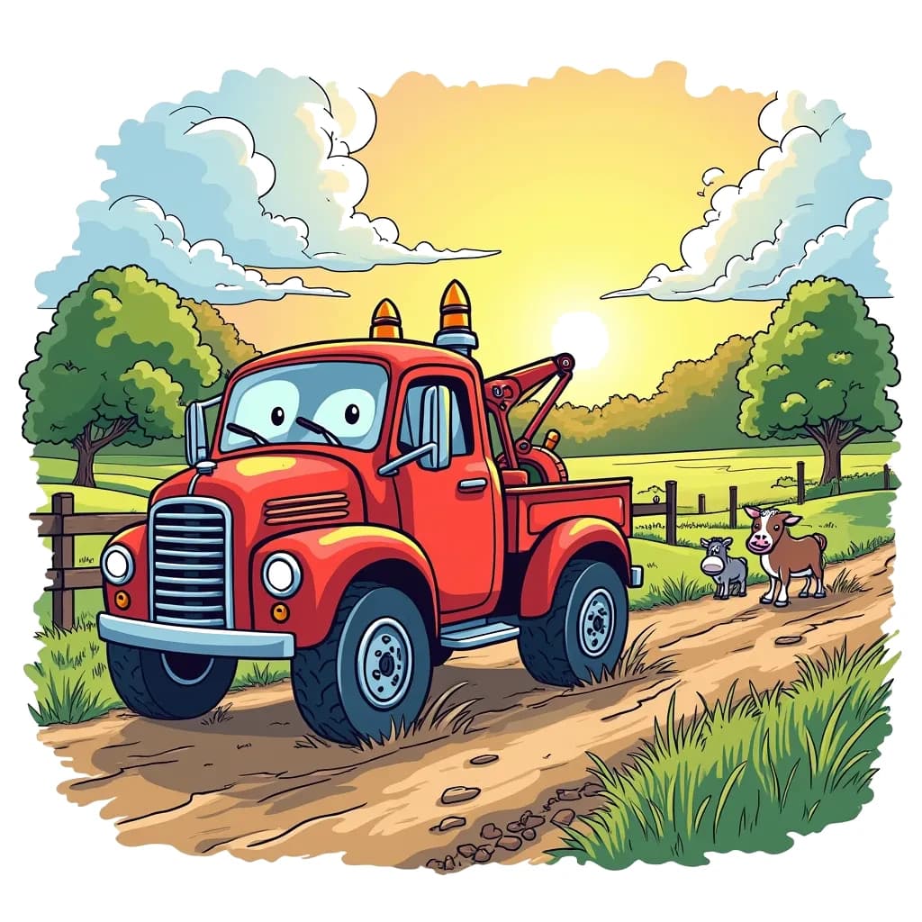 Coloring Page (colored): The Tow Vehicle to the Rescue - A cheerful tow vehicle happily helping a car stuck in the mud on a country road. The sun sets in the background casting a golden glow, while a few curious farm animals watch the scene unfold.