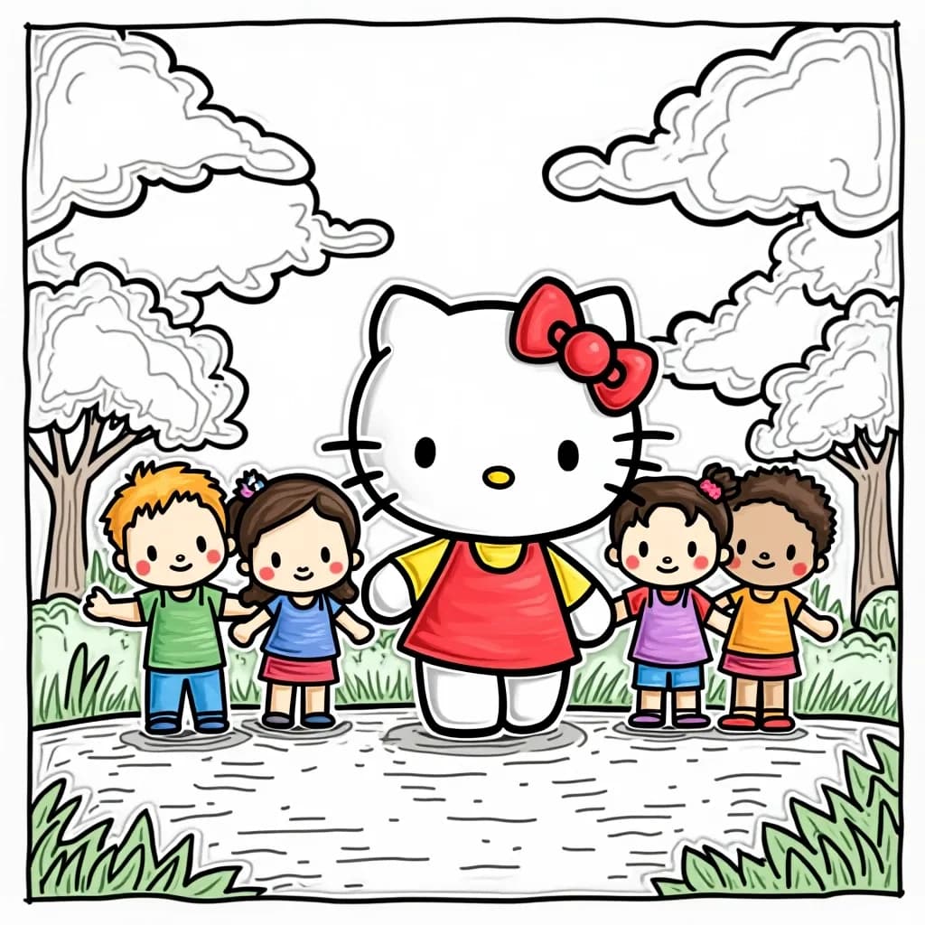 Coloring Page (colored): Hello Kitty on a Field Trip - Hello Kitty leading a group of classmates on a nature field trip, walking through a lush green park with vibrant butterflies fluttering around.