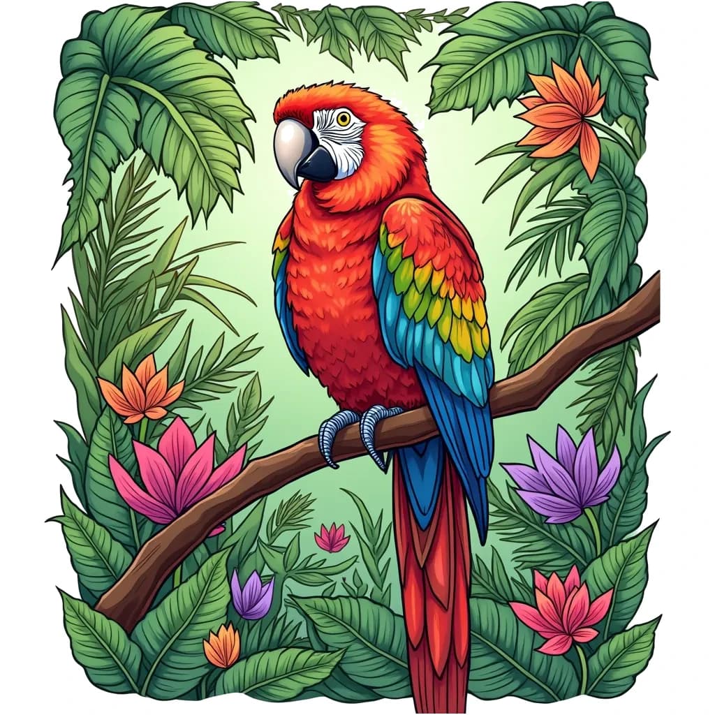 Coloring Page (colored): Parrot in a Tropical Jungle - A brightly colored parrot perches on a branch in a tropical jungle, surrounded by exotic plants and flowers. Other hidden animals peek through the foliage.