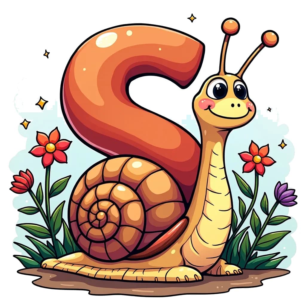 Coloring Page (colored): Letter S and a Snail - The letter 'S' curls around a cute, cartoonish snail with a glossy shell. The background features a garden scene with flowers and leaves, providing a vibrant environment.