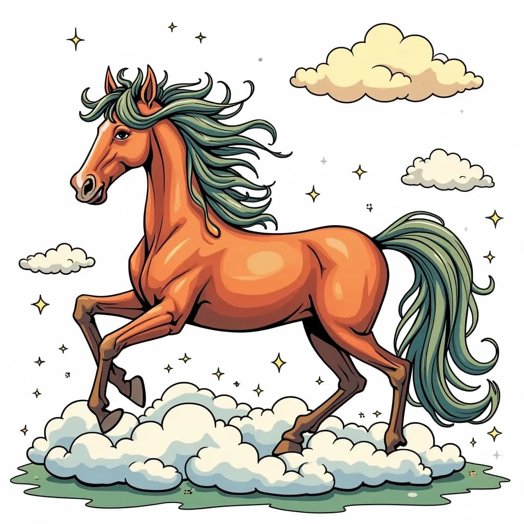 Coloring Page (colored): The Horse of Dreams - A dreamy scene of a horse made of clouds galloping through a night sky filled with twinkling stars and a crescent moon, leaving a trail of shimmering stardust.