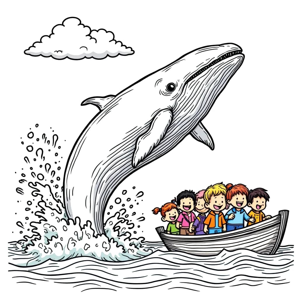 Coloring Page (colored): Whale Splashing in the Ocean - A giant friendly whale leaps out of the ocean, creating a huge splash while a group of excited children watches from a boat, marveling at its size and grace.