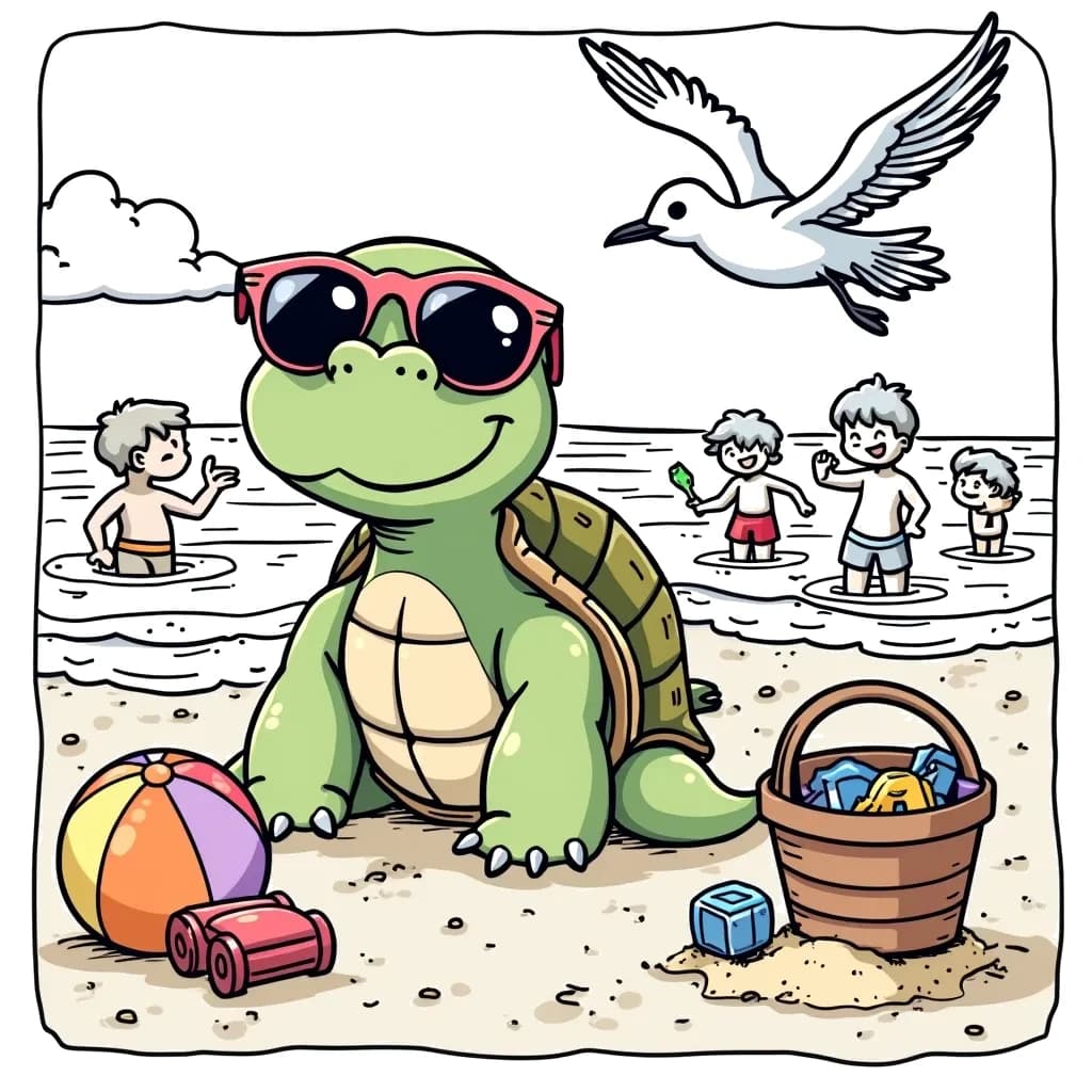 Coloring Page (colored): Turtle's Beach Day - A cute turtle is sunbathing on a sandy beach while wearing sunglasses. Nearby, there's a beach ball, a bucket of sand toys, and children playing happily in the waves. A seagull is flying overhead, looking for snacks!