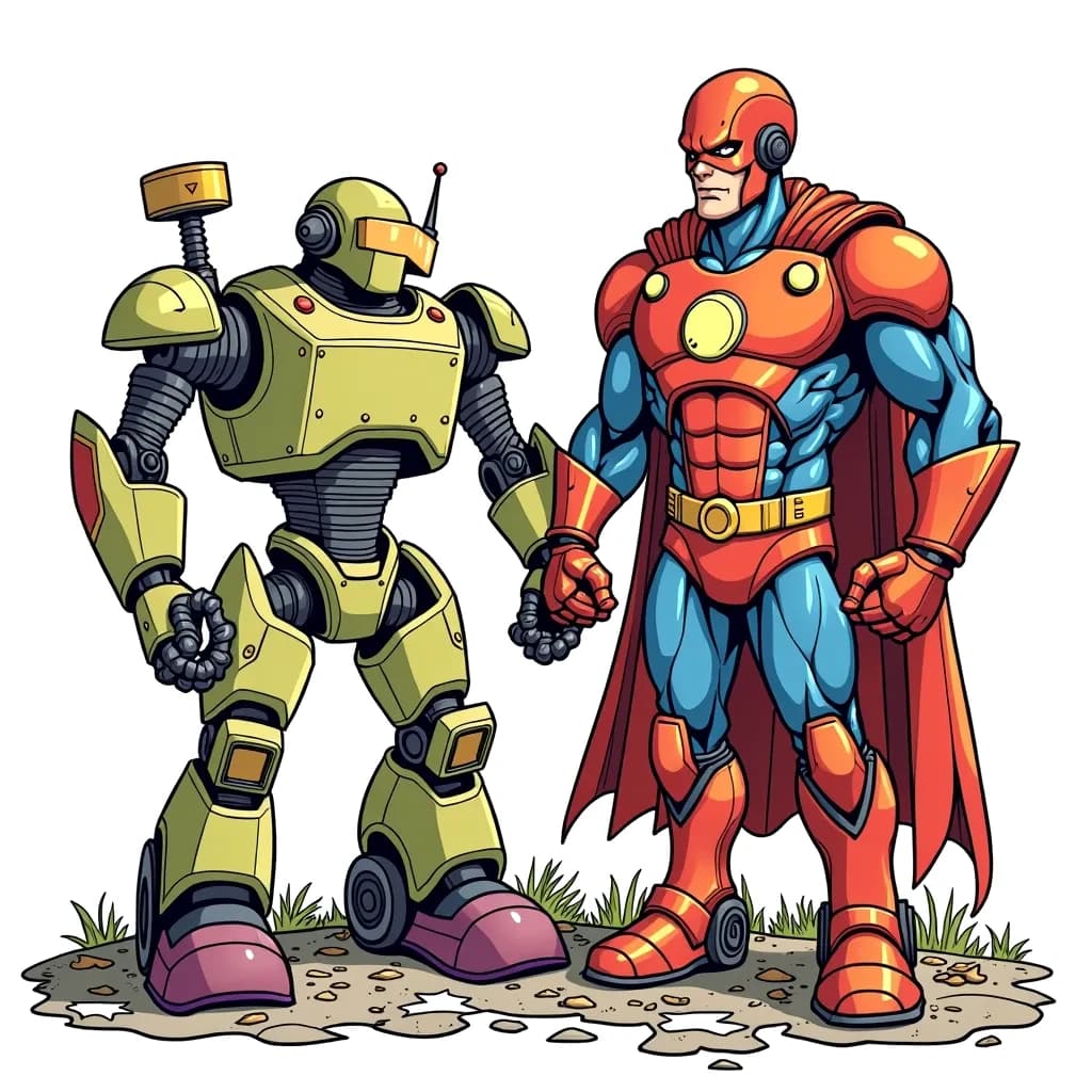 Coloring Page (colored): Superhero and the Robot - A superhero stands confidently next to a friendly robot, both ready to take on challenges. They are surrounded by tools and gadgets, symbolizing teamwork.