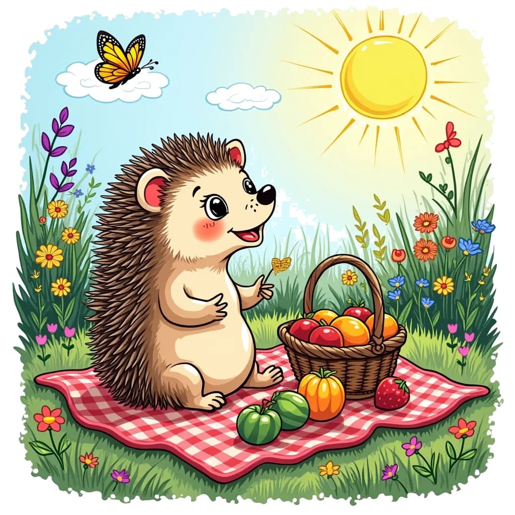 Coloring Page (colored): Hedgehog's Picnic - A cheerful hedgehog sets up a colorful picnic in a vibrant meadow under the sun. There's a blanket with a basket of fruits, flowers, and a playful butterfly fluttering around, inviting other animals to join.