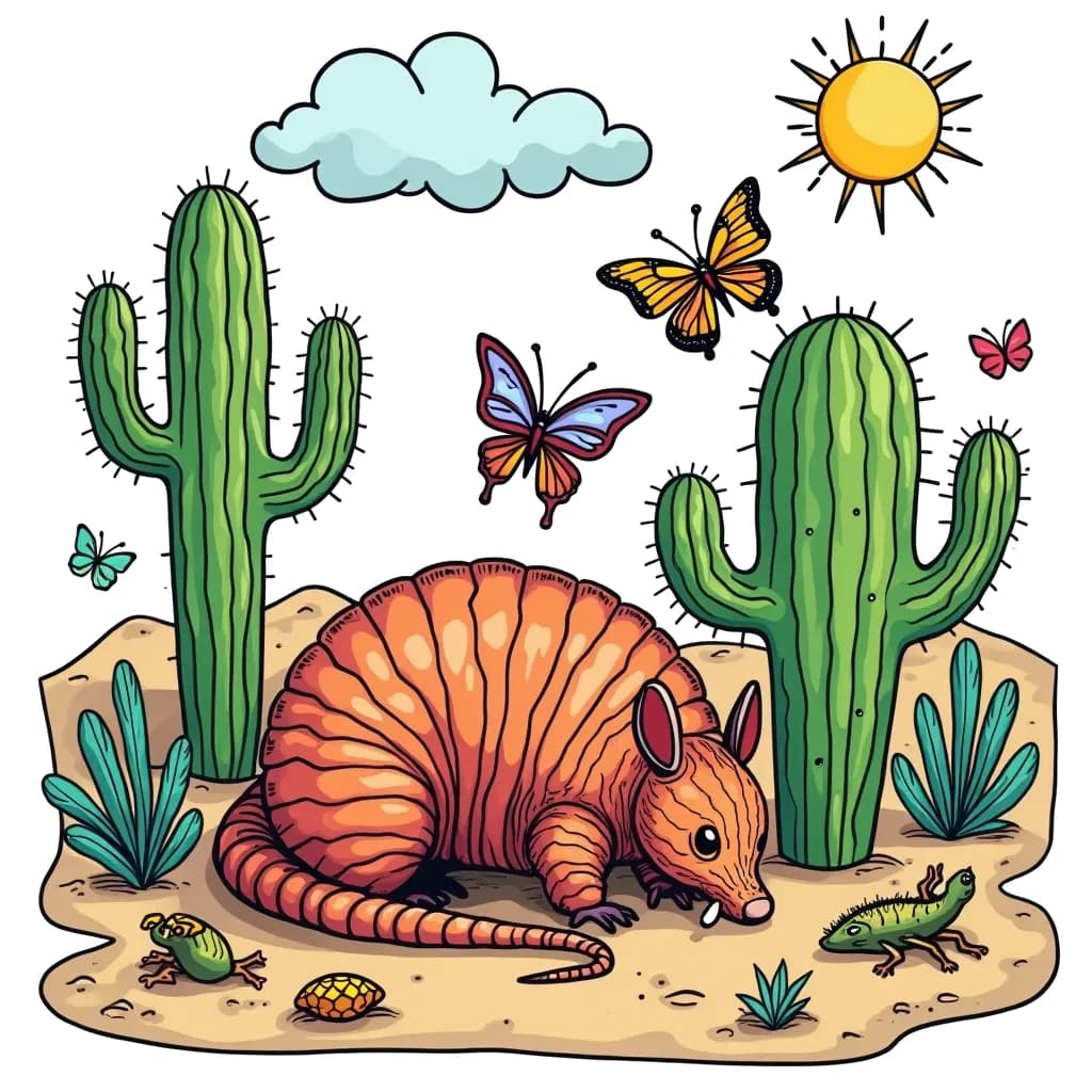 Coloring Page (colored): Armadillo's Desert Adventure - In a sunny desert, an armadillo is digging tiny tunnels under a cactus. A friendly lizard and some colorful butterflies are nearby, watching curiously as the armadillo rolls into a ball and then back out!