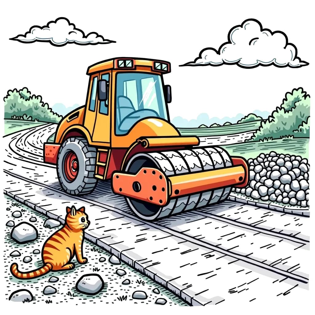 Coloring Page (colored): Road Roller Fun - A road roller is flattening a new road, while a tiny cat watches curiously from beside a pile of stones.