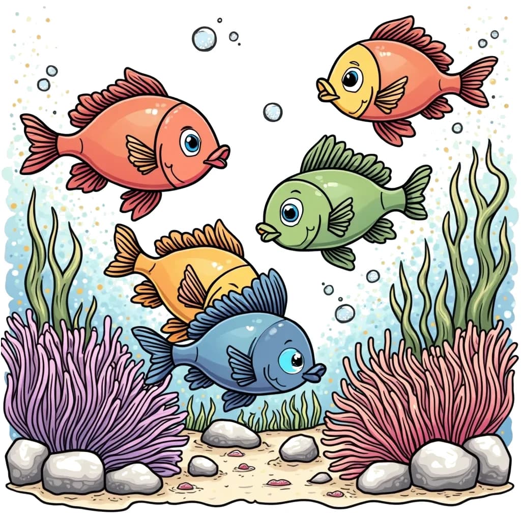 Coloring Page (colored): The Fish School Mystery - A group of colorful fish swims together in a coral reef, playing hide and seek among the corals. One fish is hiding behind a sea anemone with its fins covering its eyes, while others are searching.