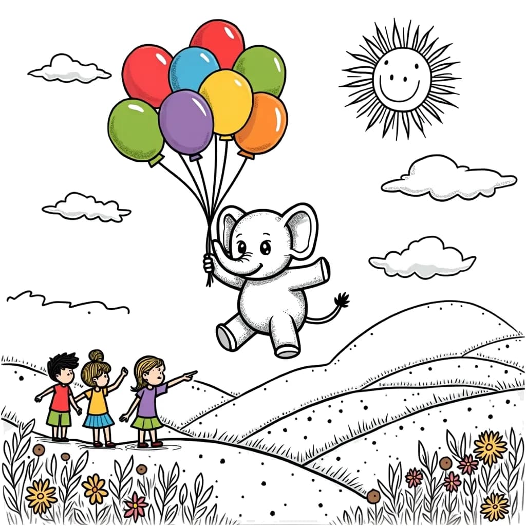 Coloring Page (colored): Elephant's Balloon Ride - An adorable elephant is floating in the sky, holding onto a bunch of colorful balloons. Below him, children are pointing at the sky in awe as he travels above a landscape of rolling hills and bright flowers, with a smiling sun in the corner.