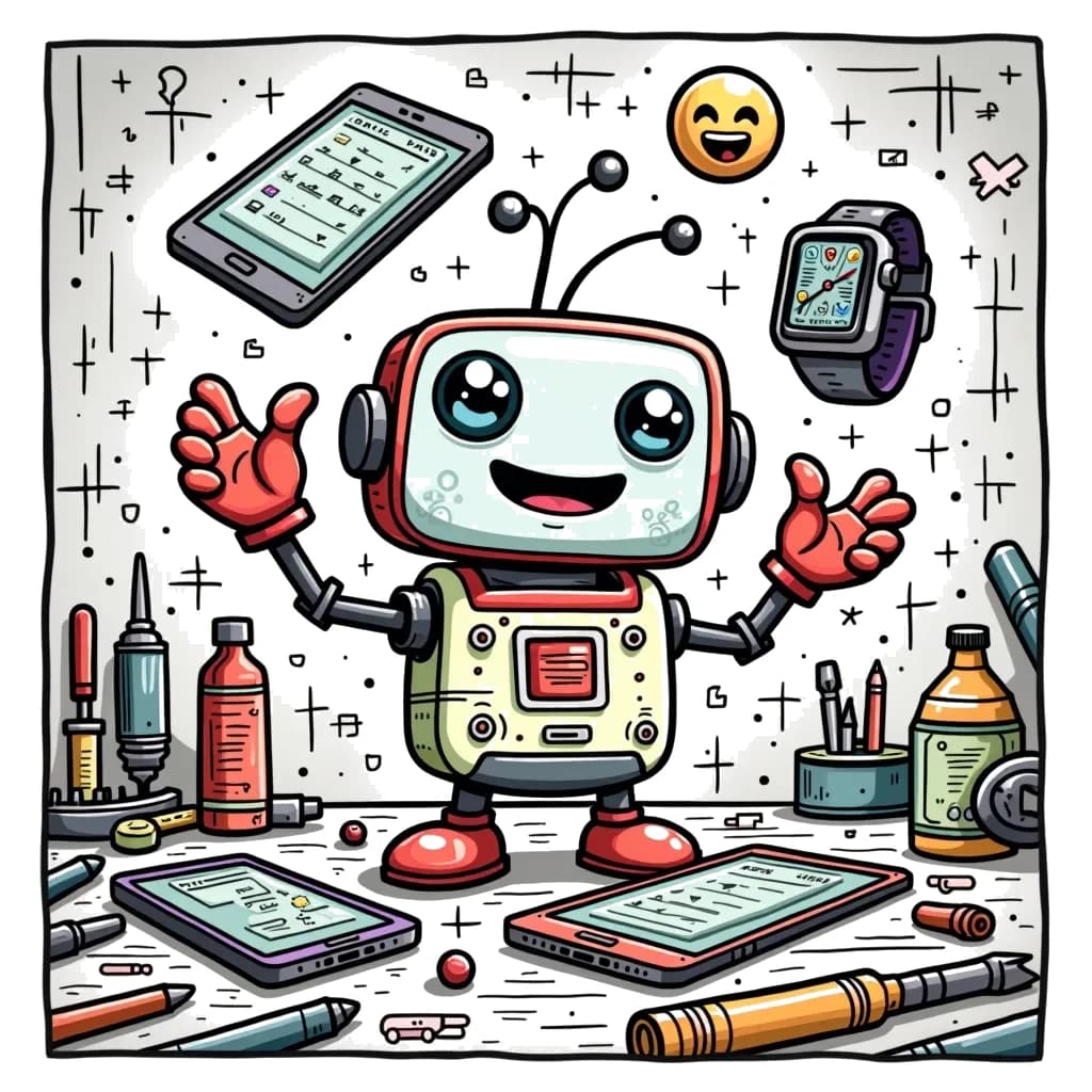 Coloring Page (colored): Gizmo the Gadget - A cute, small gadget with eyes and arms is juggling various tech items like a smartphone, a tablet, and a smartwatch. The background is a cluttered workbench filled with tools and wires.