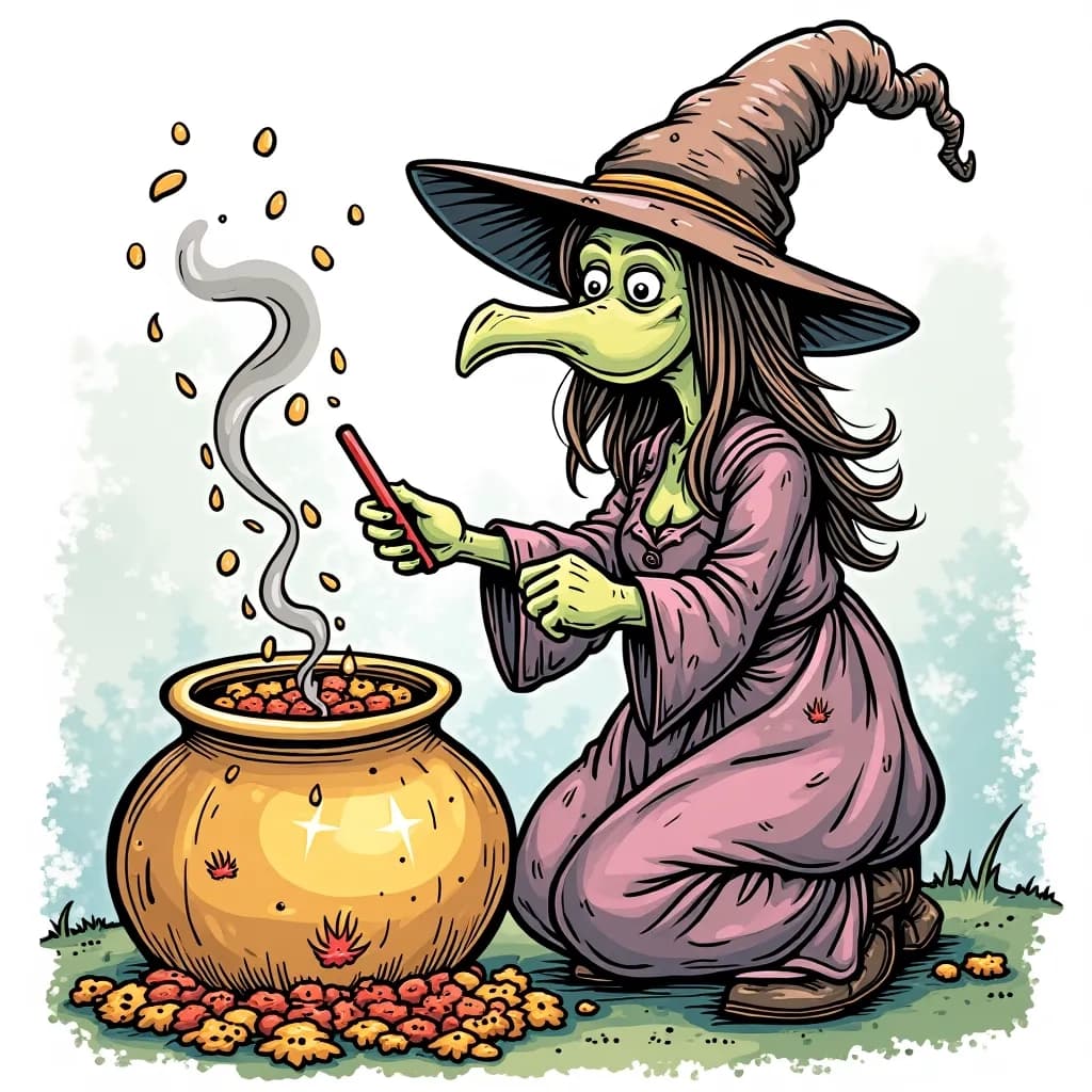 Coloring Page (colored): Witch's Brew - A mischievous witch stirring a bubbling cauldron filled with a bright green potion. She wears a colorful dress with polka dots and stars. Around her are magical creatures like a purple cat and a green-eyed owl, under a starry night sky.