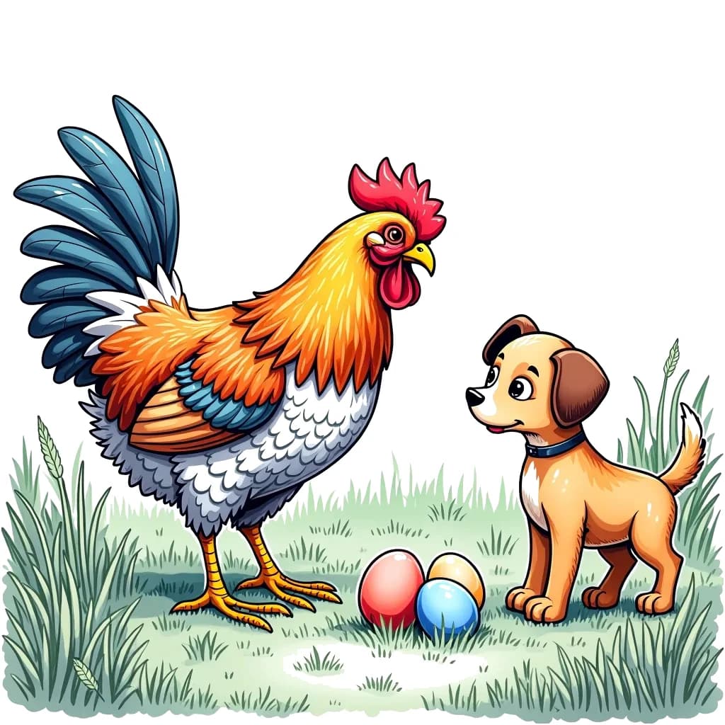 Coloring Page (colored): The Chicken's Egg Hunt - A mother hen searching for her lost eggs in a grassy field. Nearby, a curious puppy watches her with an intrigued expression, ready to help her find them.