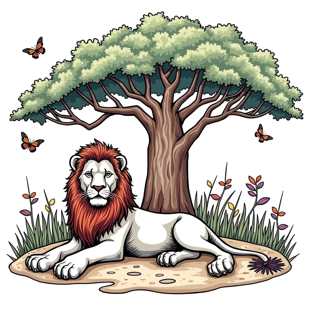 Coloring Page (colored): Lion's Afternoon Nap - A majestic lion lounging under the shade of a large baobab tree, with a few butterflies fluttering around. The scene captures the calmness of the African savanna.