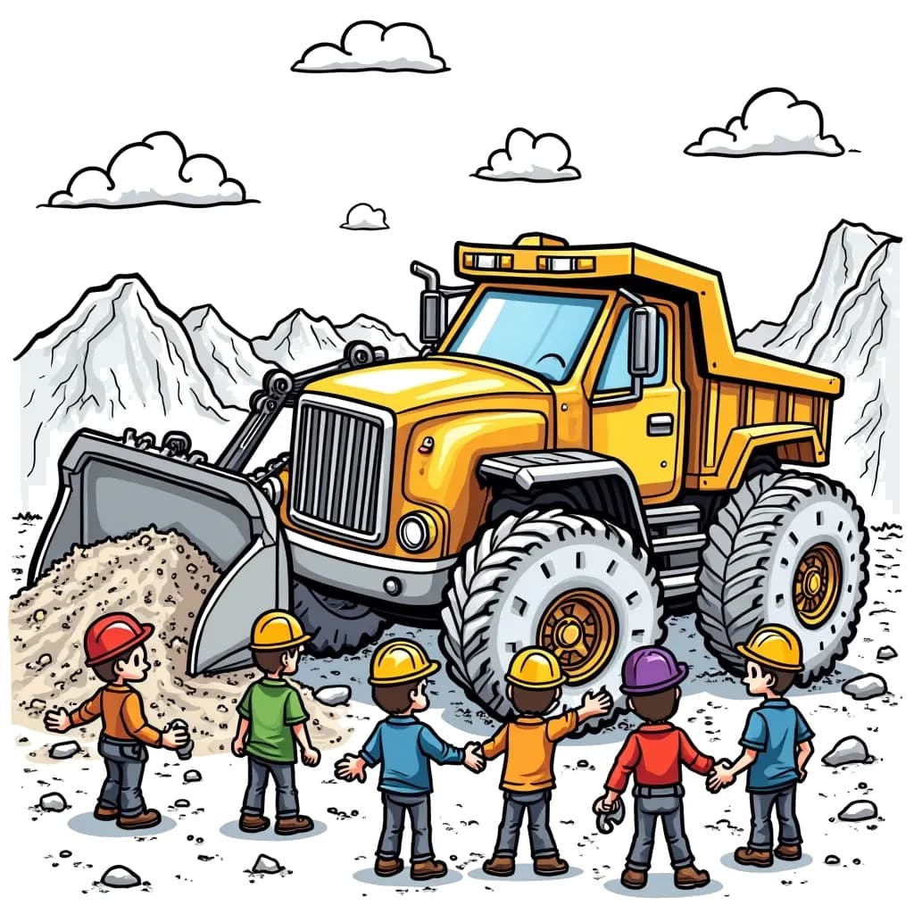 Coloring Page (colored): Digger Truck's Big Job - A mighty digger truck is hard at work at a construction site, moving dirt and large rocks while interacting with a group of excited construction workers.