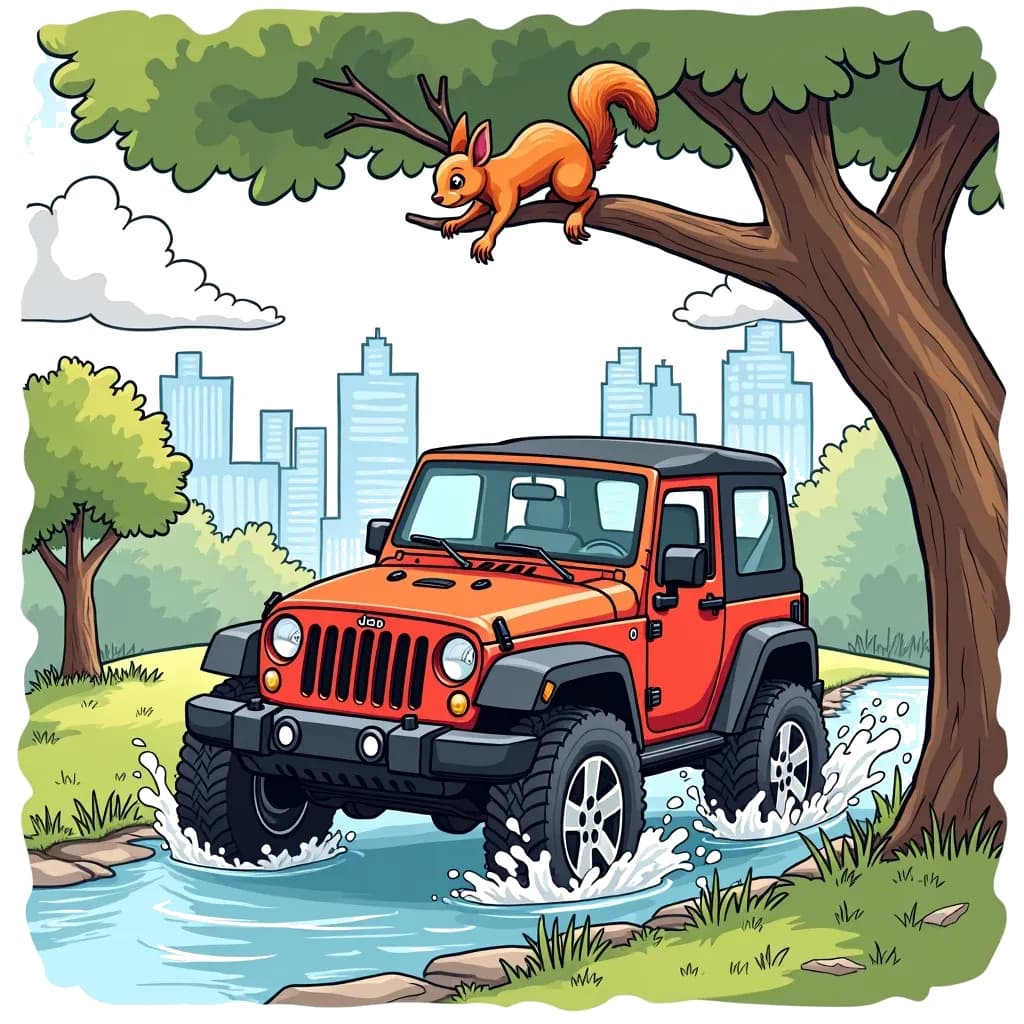 Coloring Page (colored): Jeep Adventure - Illustrate a rugged jeep driving through a city park, splashing through a puddle of water, while a squirrel curiously watches from a tree branch above.