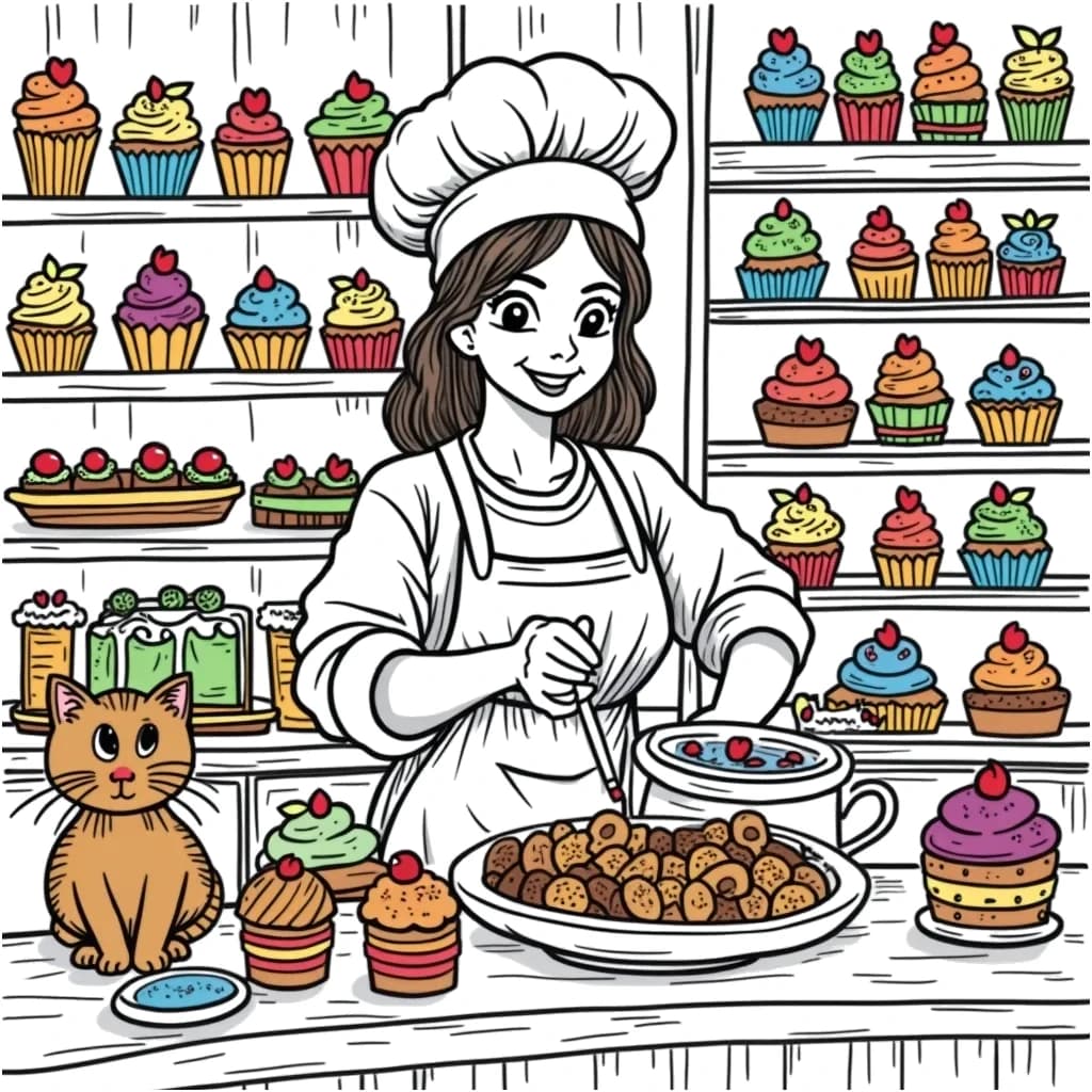 Coloring Page (colored): Baker's Sweet Shop - A cheerful baker decorates colorful cupcakes and cookies in a quaint bakery. The shelves are filled with pastries, and a friendly cat watches curiously from a nearby counter.