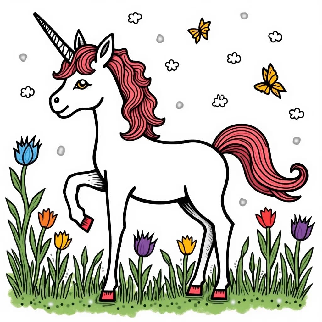 Coloring Page (colored): Unicorn Spreading Seeds of Joy - A unicorn releasing seeds that blossom into beautiful flowers as it gallops through a meadow.