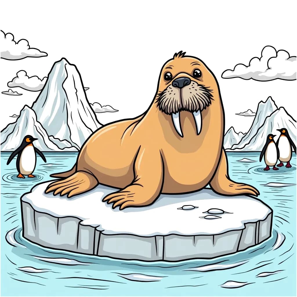 Coloring Page (colored): Walrus on Ice - A walrus lounging on a large floating ice block in the north ocean, with a backdrop of icebergs and a few penguins in the distance.