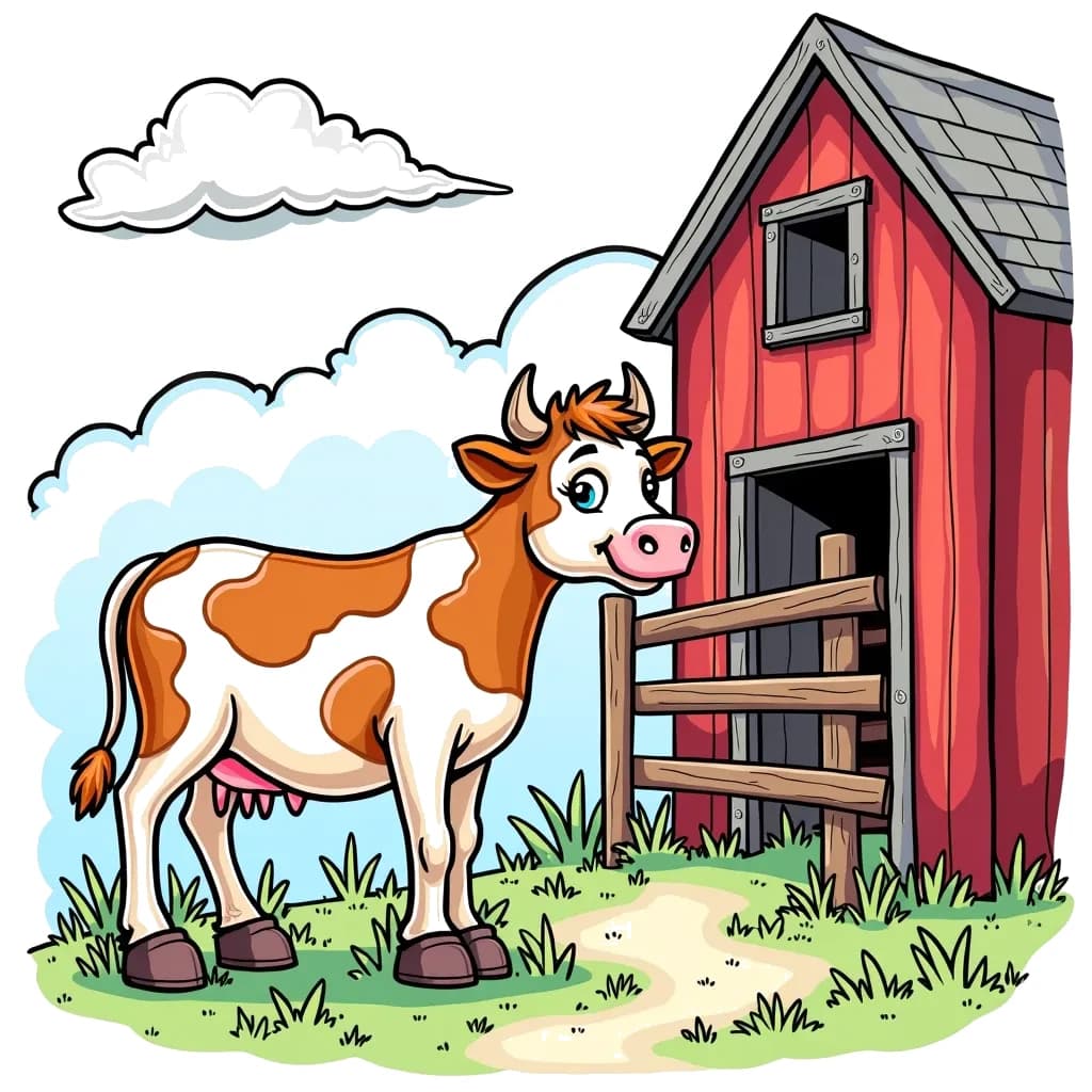 Coloring Page (colored): The Curious Cow - A friendly cow stands next to a large red barn, curiously peeking over a wooden fence while munching on some grass.