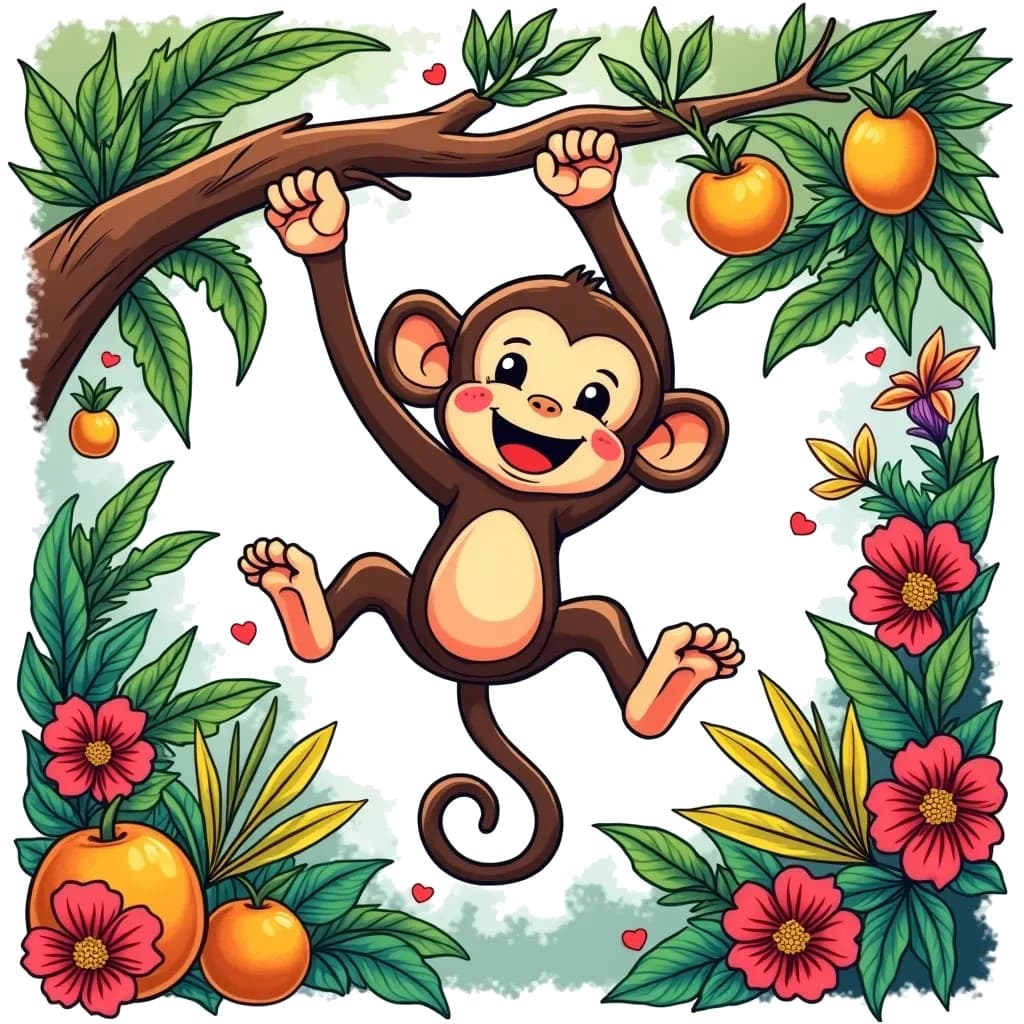 Coloring Page (colored): Monkey Swinging Through Trees - A monkey swings joyfully from one tree branch to another, with a variety of tropical flowers and fruits around.