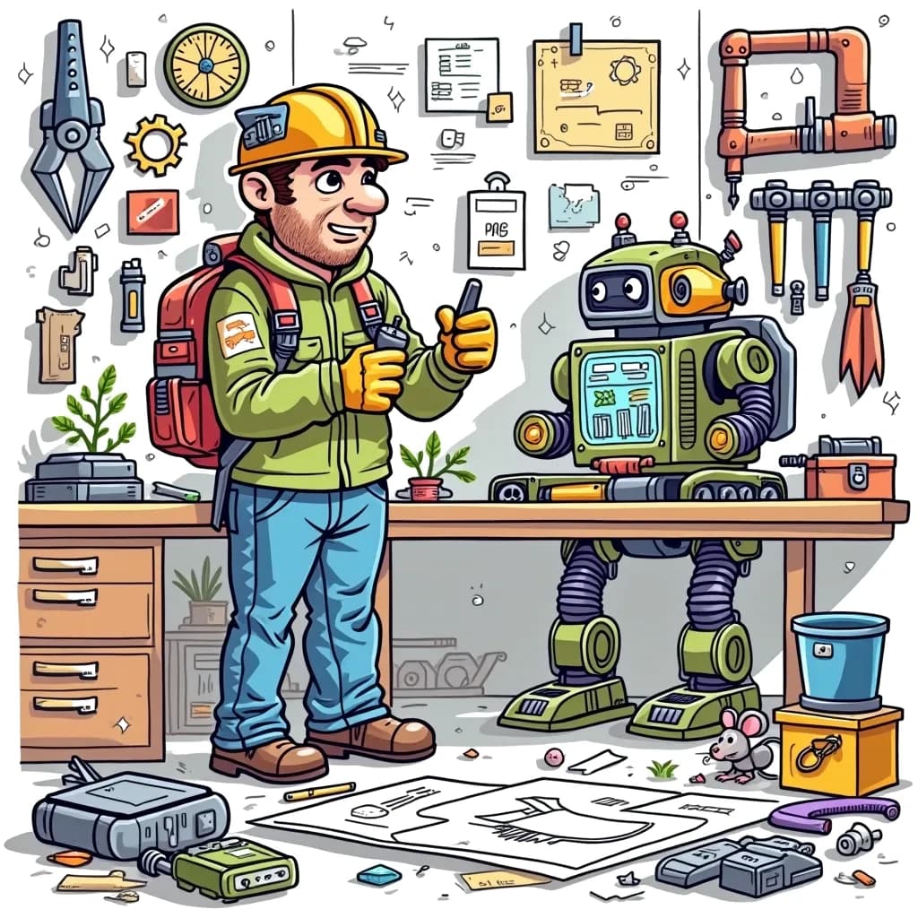 Coloring Page (colored): The Engineer's Creative Invention - An engineer is in a workshop filled with gadgets and tools, constructing a wacky robot. Tools and blueprints are scattered everywhere, and a curious mouse peeks out from behind a toolbox to see the invention.