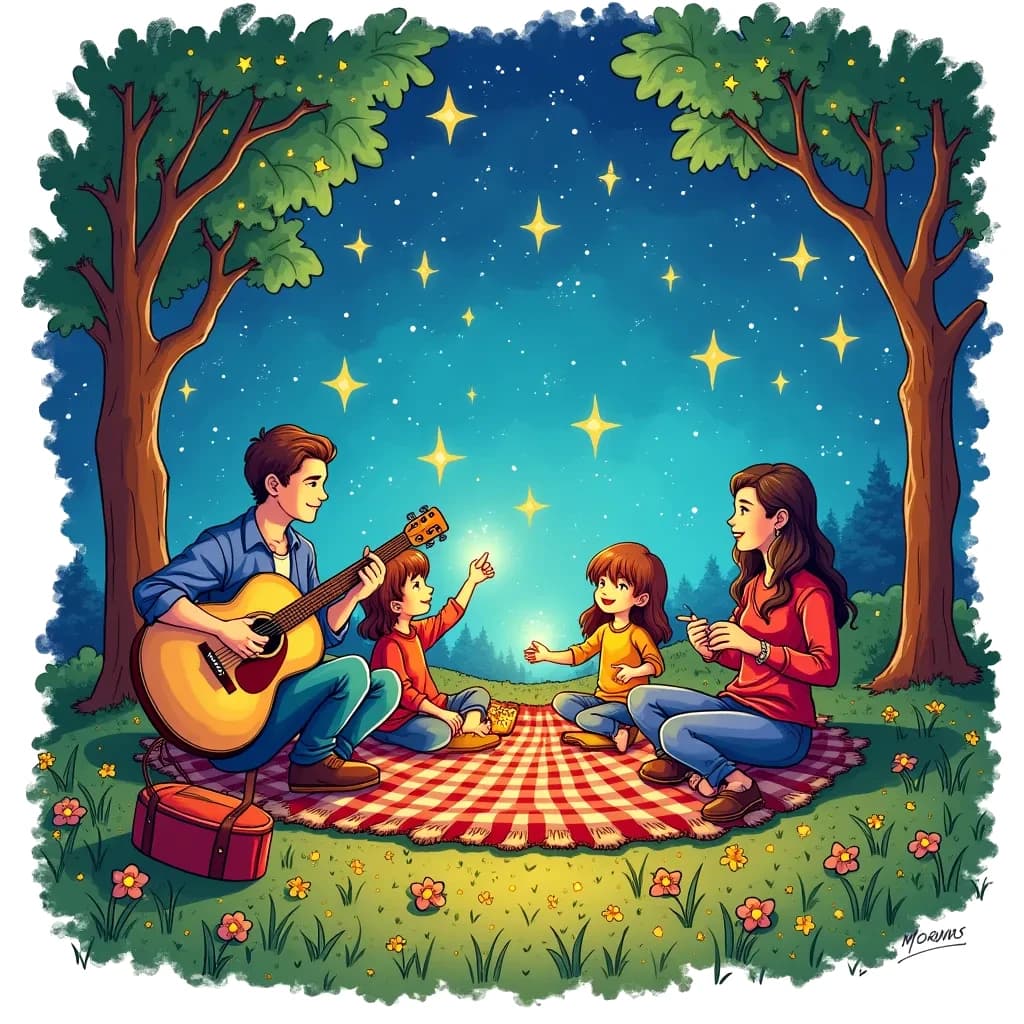 Coloring Page (colored): Musician Under the Stars - A talented musician playing a guitar under a starry sky, surrounded by friends dancing and having a picnic. Fireflies light up the scene, making it magical and enchanting.