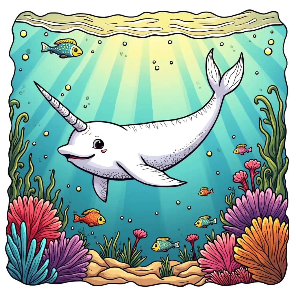 Coloring Page (colored): Narwhal Adventure - A narwhal swims gracefully through a vibrant underwater scene filled with colorful coral and playful fish. Sunlight streams down from the surface above, creating a magical atmosphere.