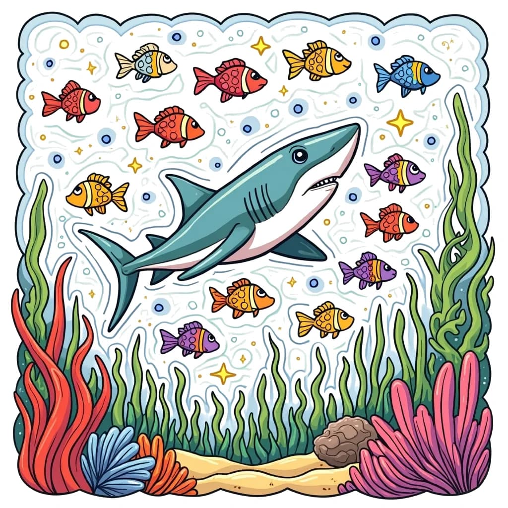 Coloring Page (colored): Shark and School of Fish - A playful shark is swimming swiftly through a school of tiny, sparkling fish that are swirling in patterns like a living cloud.