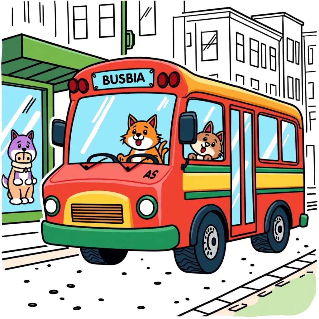 Coloring Page (colored): City Bus Journey - A colorful city bus making a stop at a bus shelter, where a friendly cat is waiting to hop on, with a delightful small dog waving goodbye at the window.