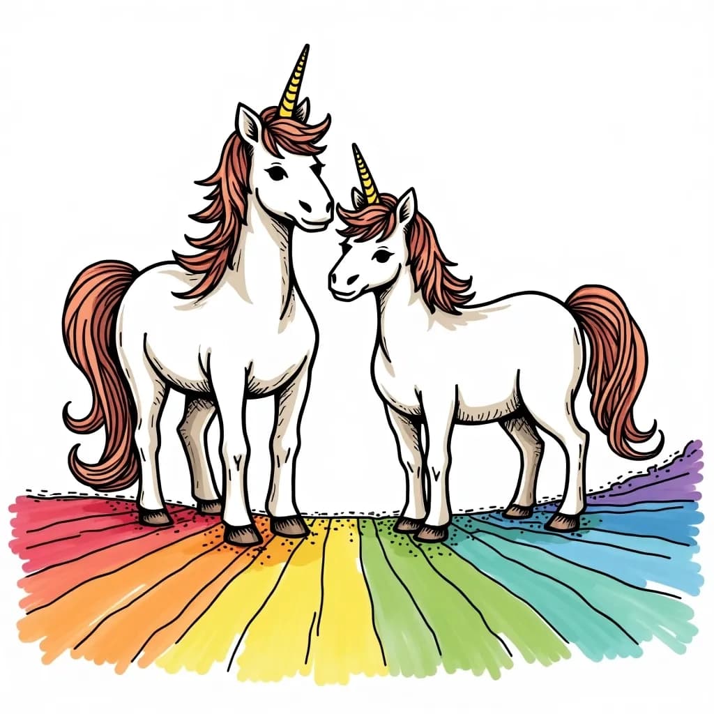 Coloring Page (colored): Unicorns at the Edge of a Rainbow - Two unicorns standing at the end of a vibrant rainbow, gazing at the pot of gold with curious expressions.