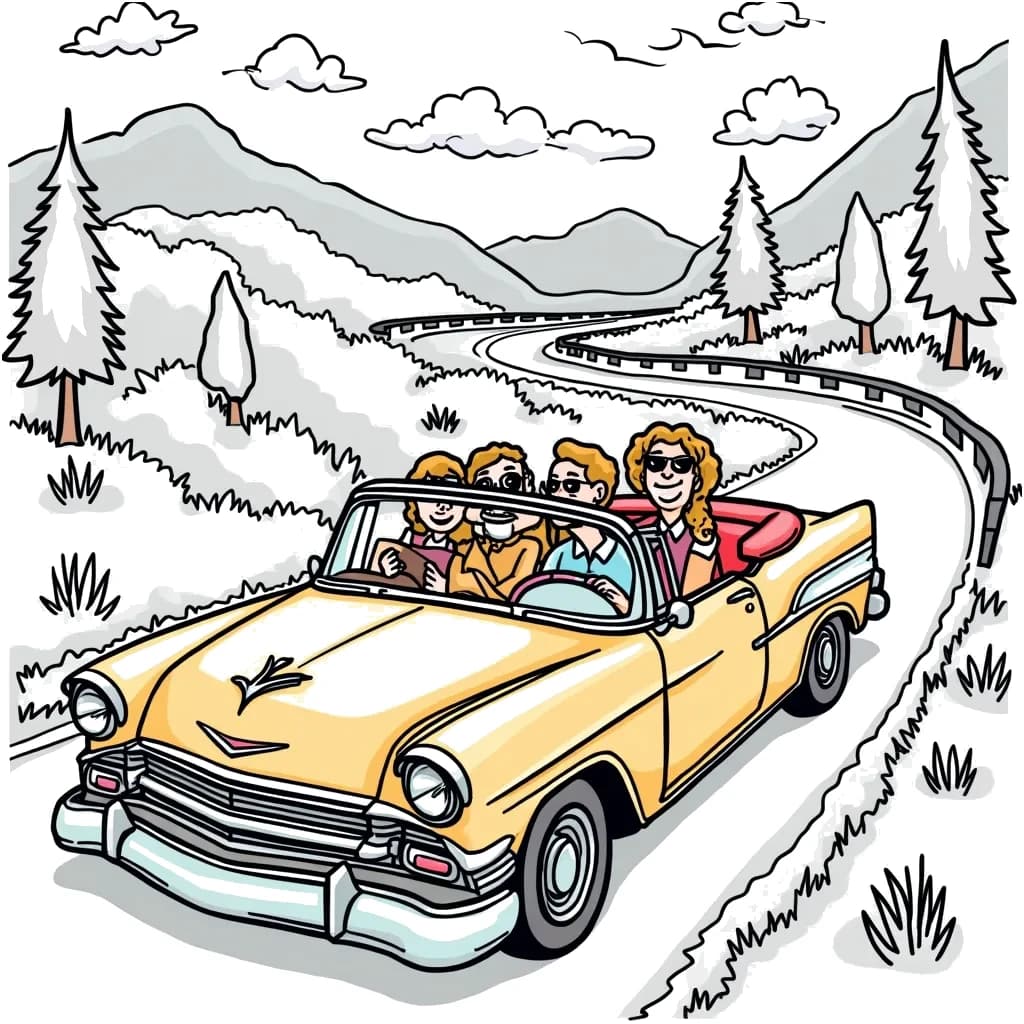 Coloring Page (colored): Convertible Road Trip - A convertible car drives down a sunny, winding road, with a happy family inside. They are surrounded by mountains and trees, with a dog wearing sunglasses sticking its head out the window.