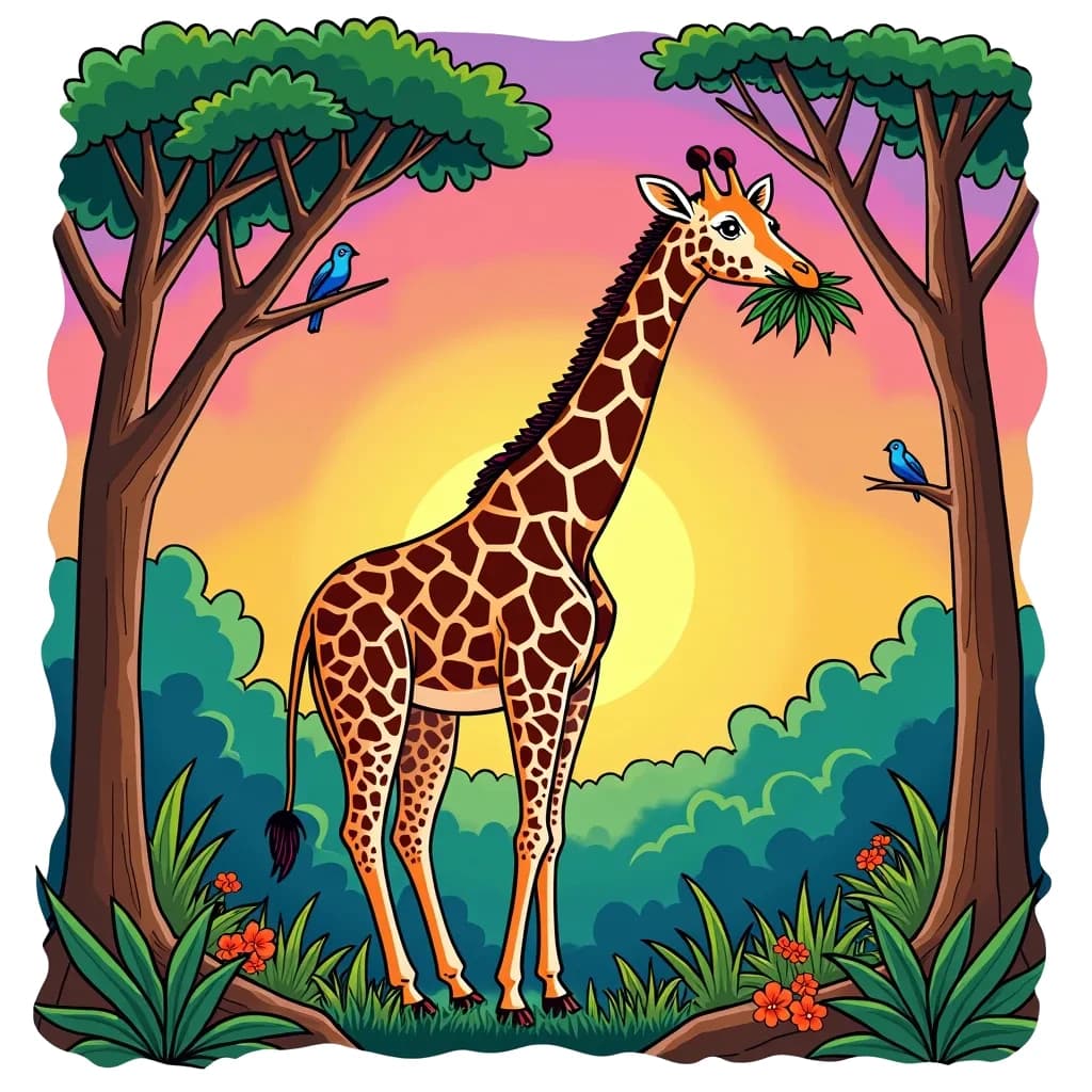 Coloring Page (colored): Giraffe Snack Time - A tall giraffe munching on leaves from the treetops, with a colorful sunset in the background and a couple of birds perched on branches.