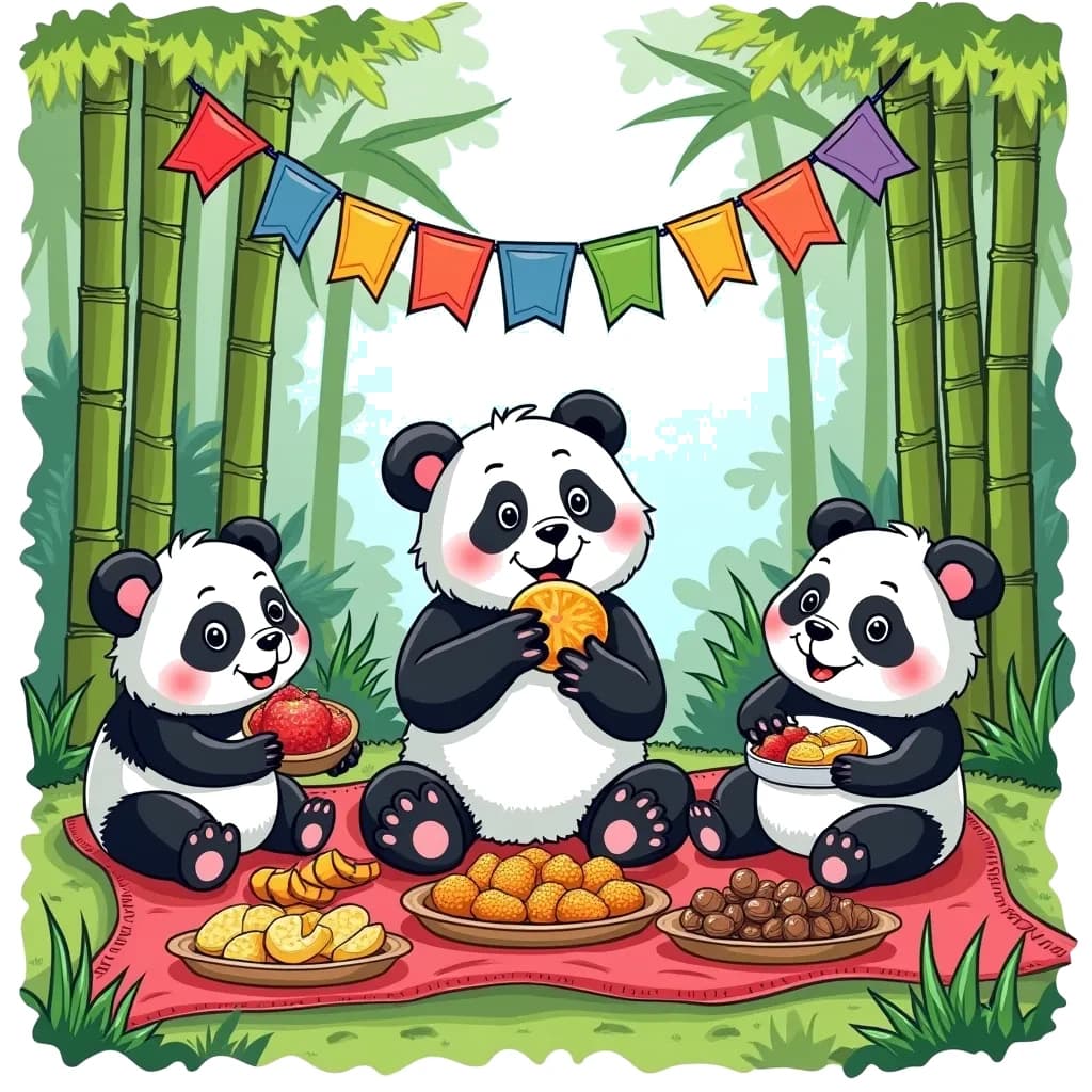 Coloring Page (colored): Panda’s Bamboo Picnic - A playful panda enjoying a picnic with friends in a bamboo forest. There are plates of fruits, nuts, and bamboo snacks, along with a colorful banner hanging between the trees.