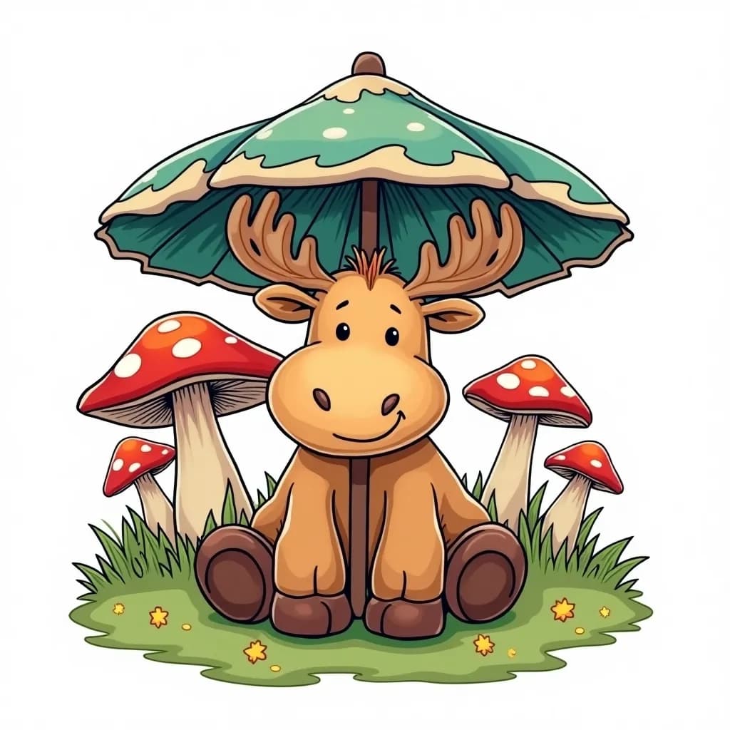 Coloring Page (colored): Moose Under Umbrella Mushrooms - A cheerful moose resting beneath oversized umbrella mushrooms in vibrant pinks and blues, raindrops falling gently around it in a serene forest setting.