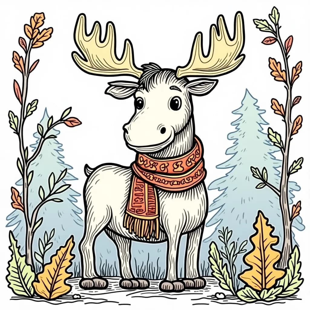 Coloring Page (colored): Moose and Forest Style - A whimsical moose wearing a patterned scarf, standing amongst giant, colorful mushrooms of various shapes, in a vibrant green forest. The mushrooms are painted in reds, yellows, and blues, while the moose has a golden-brown coat.