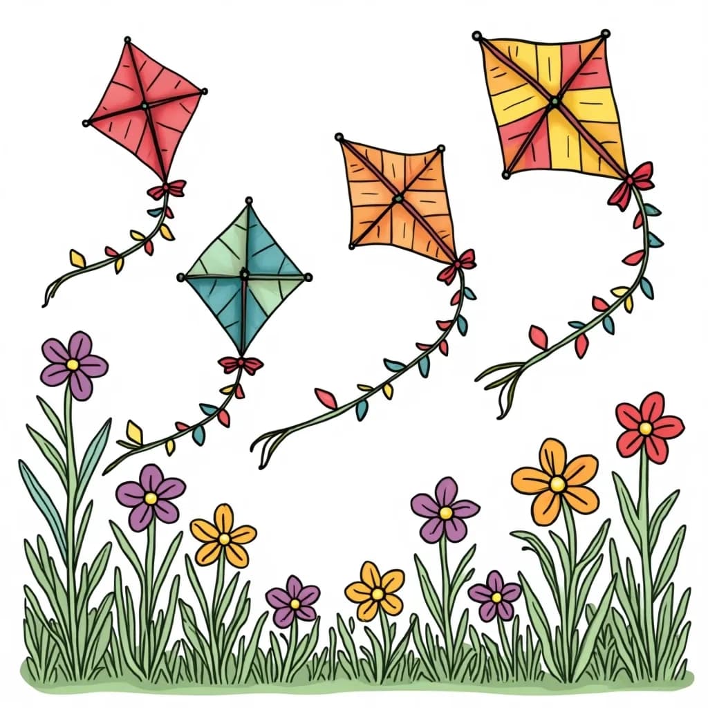 Coloring Page (colored): Festival of Kites - Colorful kites shaped like leaves soaring through the sky, with children running beneath them in a field of golden autumn grass.