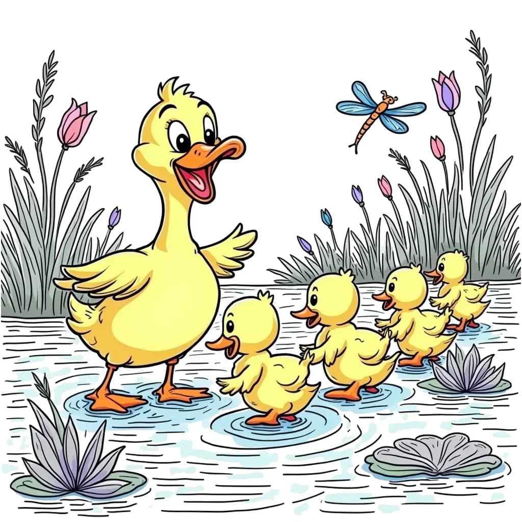 Coloring Page (colored): Duck Parade on a Pond - A mother duck leads her adorable ducklings in a parade across a pond filled with lily pads and dragonflies. Nearby, children are feeding them breadcrumbs and laughing.