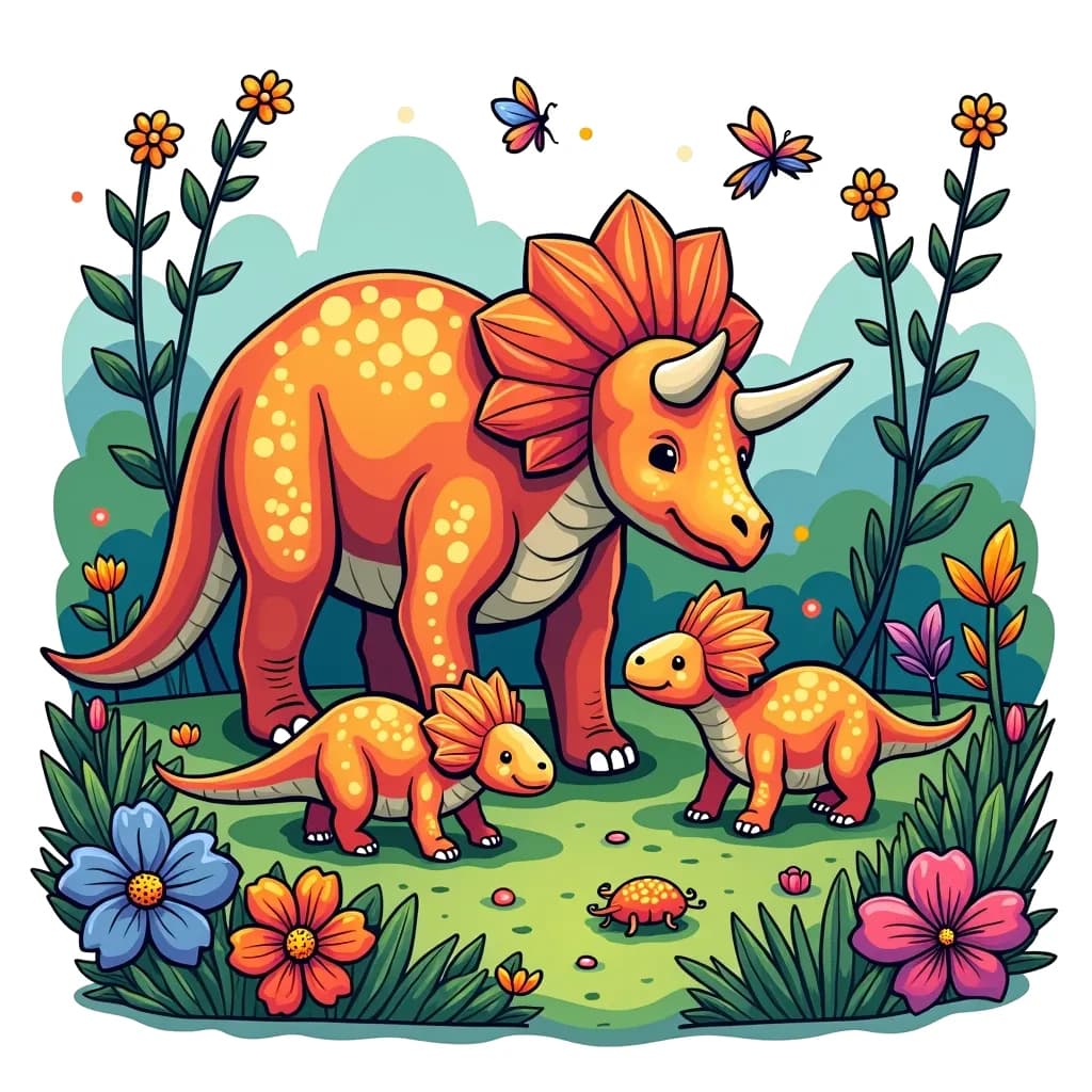 Coloring Page (colored): Triceratops Family - A caring Triceratops looking after her three playful baby Triceratops as they explore a vibrant meadow filled with colorful plants and insects.